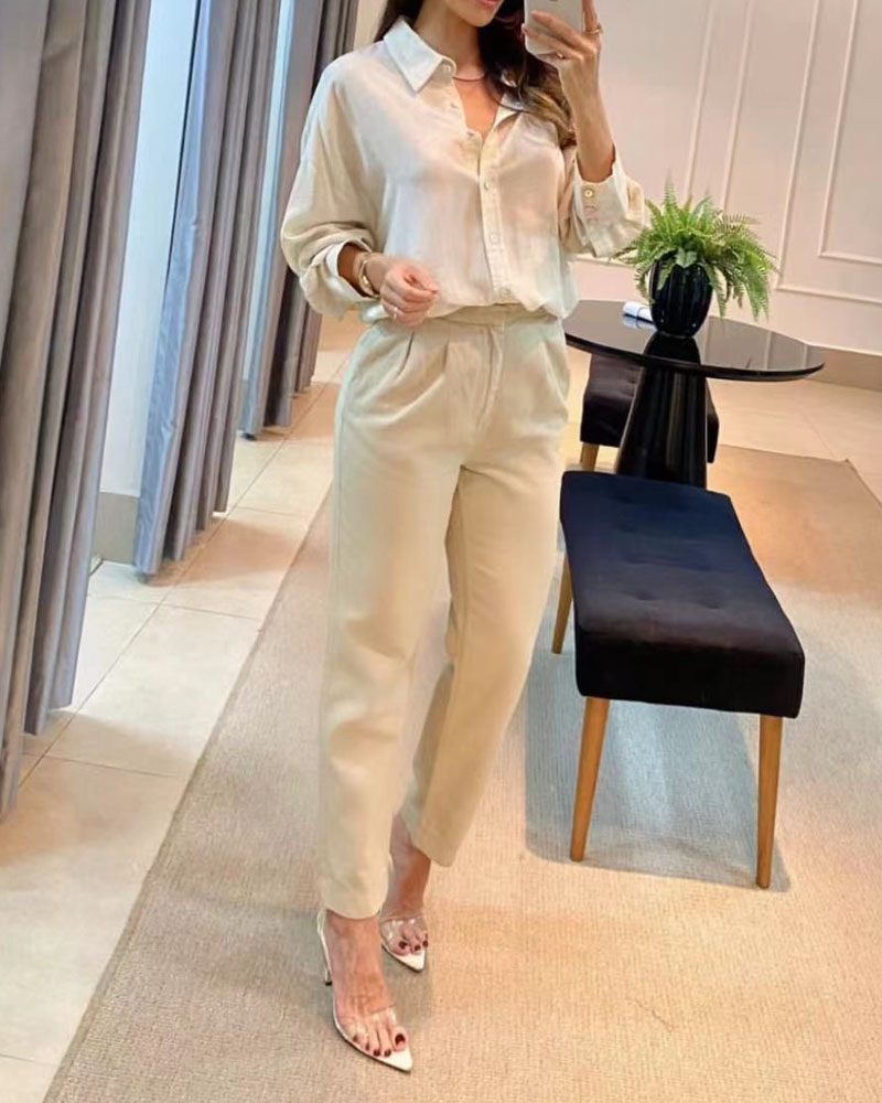 Casual Solid Color Shirt & Pants Two-piece Set