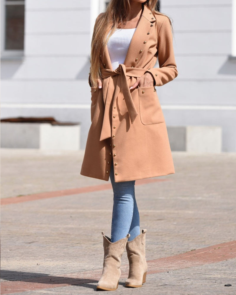 Double-breasted Studded Long-sleeve Lapel Coat