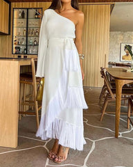 Solid Color One-shoulder Trumpet Sleeve Irregular Skirt Fringed Dress