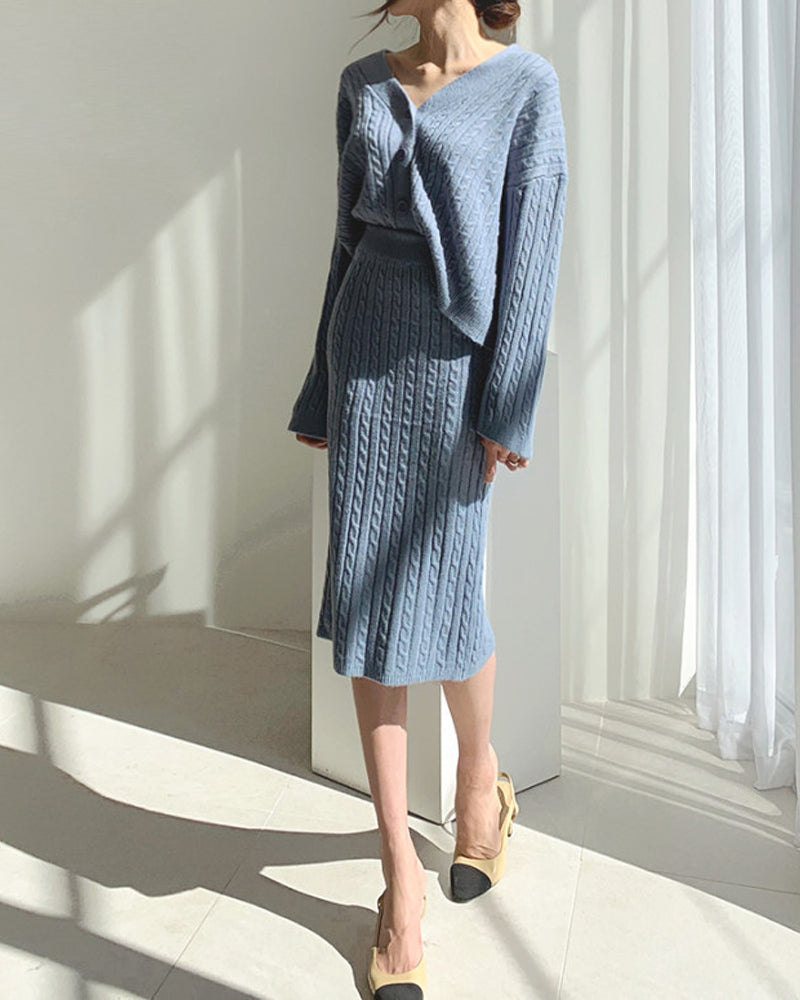 Women's Knitted Sweater Cardigan Skirt Suit