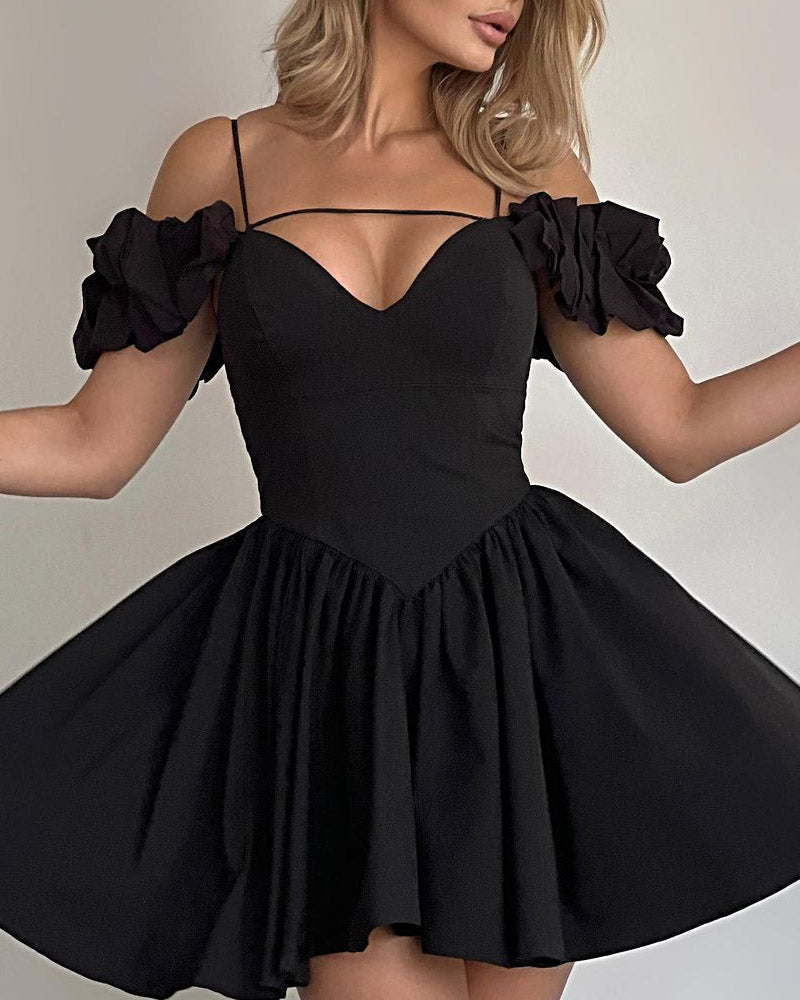 Solid Color Strappy One-shoulder Puffy Fashion Dress