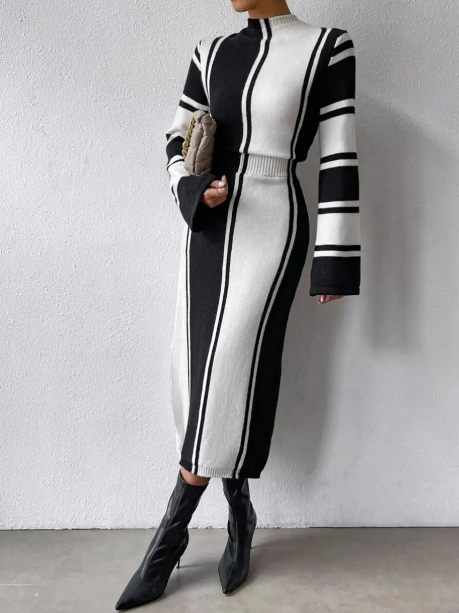 High Neck Striped Long Sleeve Midi Dress