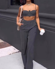 Solid Color Suspenders & High-waisted Wide-leg Pants Two-piece Set