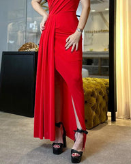 One shoulder solid color slit waist dress