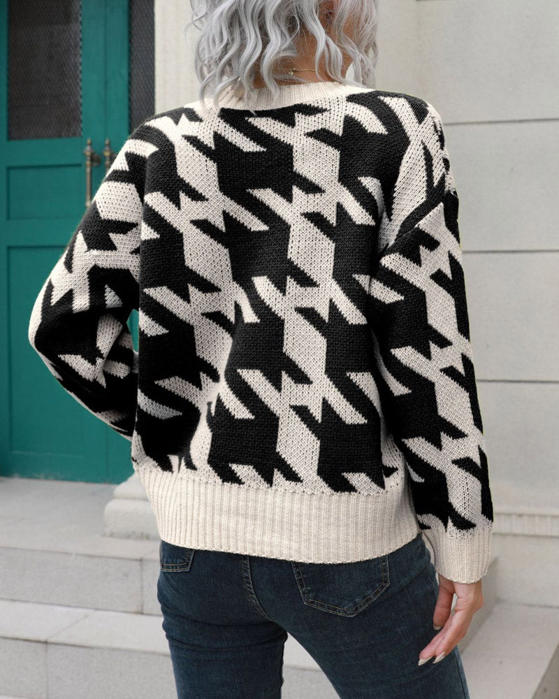 Houndstooth Button Oversized Knit Cardigan Sweater