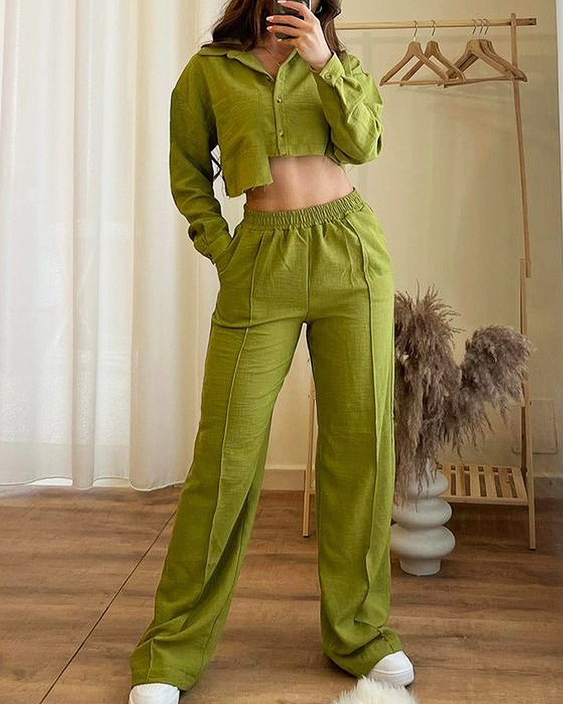 Solid Color Irregular Crop Top & High-waisted Casual Pants Two-piece Set