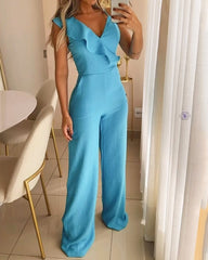 Solid Color V-neck Lace Suspender Casual Jumpsuit