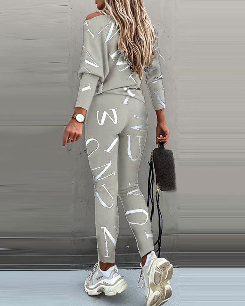 Casual Letter Print Long Sleeve Top & Pants Two-Piece Set