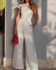 Solid Color One-shoulder Decorative Strap High Waist Wide-leg Jumpsuit