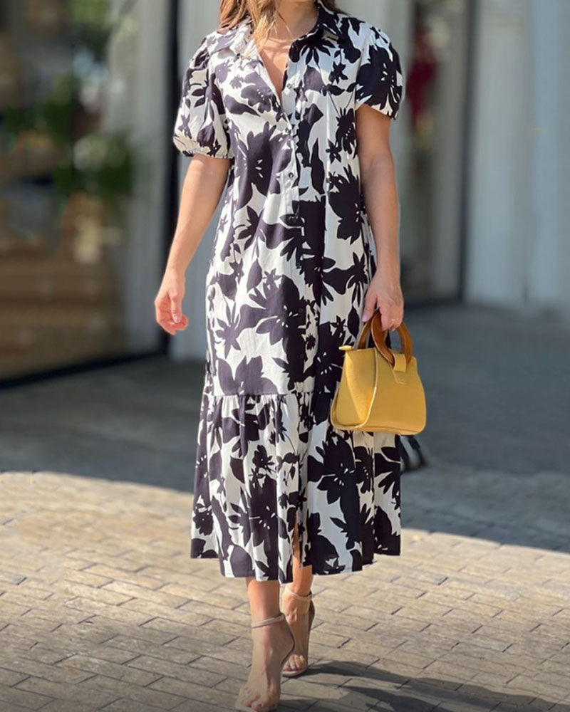 V-Neck Short Sleeve Print Dress