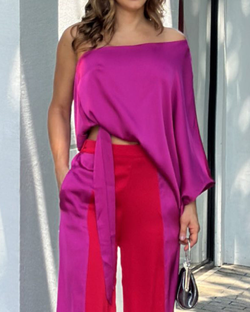 One-shoulder Long-sleeve Tie-up Top and Color-block Pants Two-piece Suit