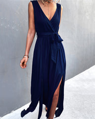 Sexy V-neck cross tie sleeveless slit dress