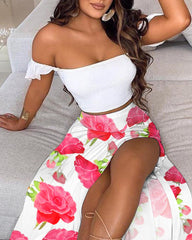 Solid Color Top Floral Print Skirt Two Piece Set