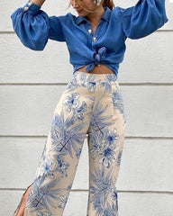 Casual Shirt & Printed Slit Pants Set