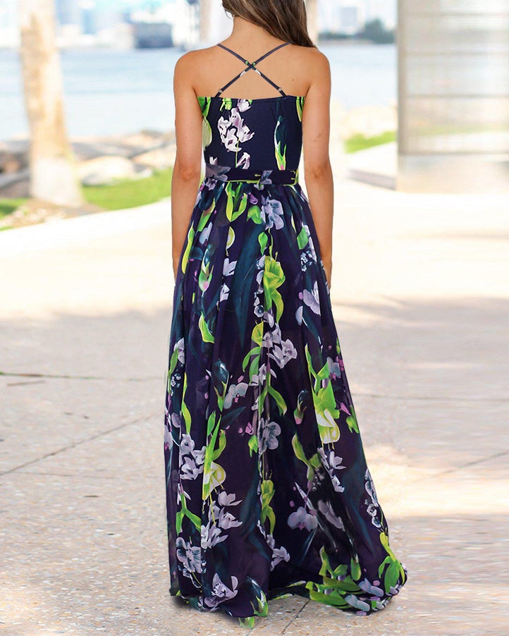 Floral halter full skirt slim dress