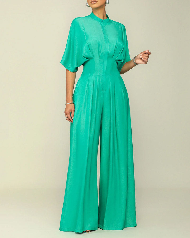 Solid Color Mid-collar High-waisted Wide-leg Pants Jumpsuit