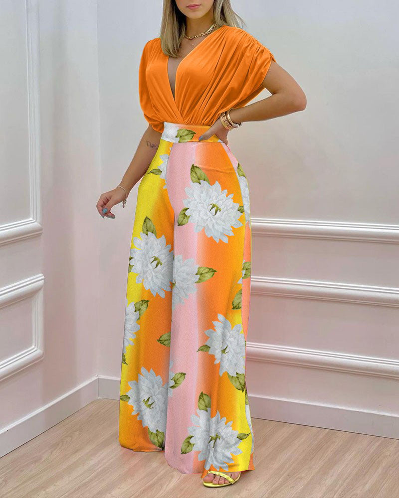 Printed dolman sleeve top and wide leg pants two-piece set