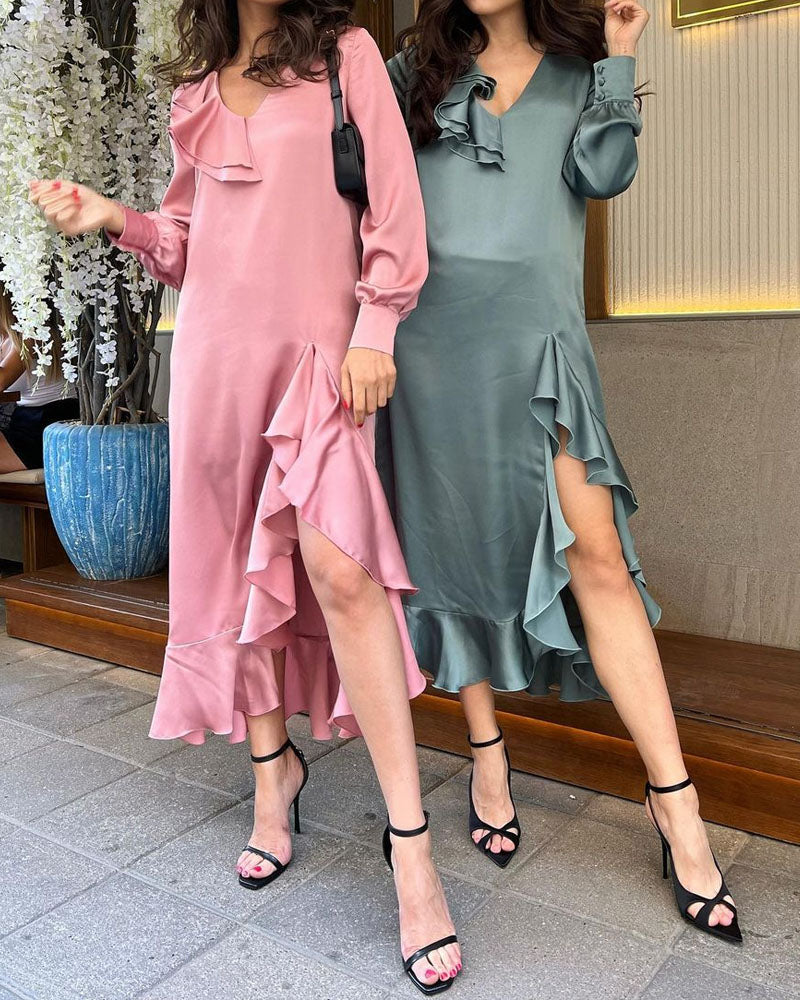 Elegant V-Neck Long Sleeve Ruffle Solid Dress