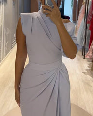 Sloping shoulder solid color waist dress