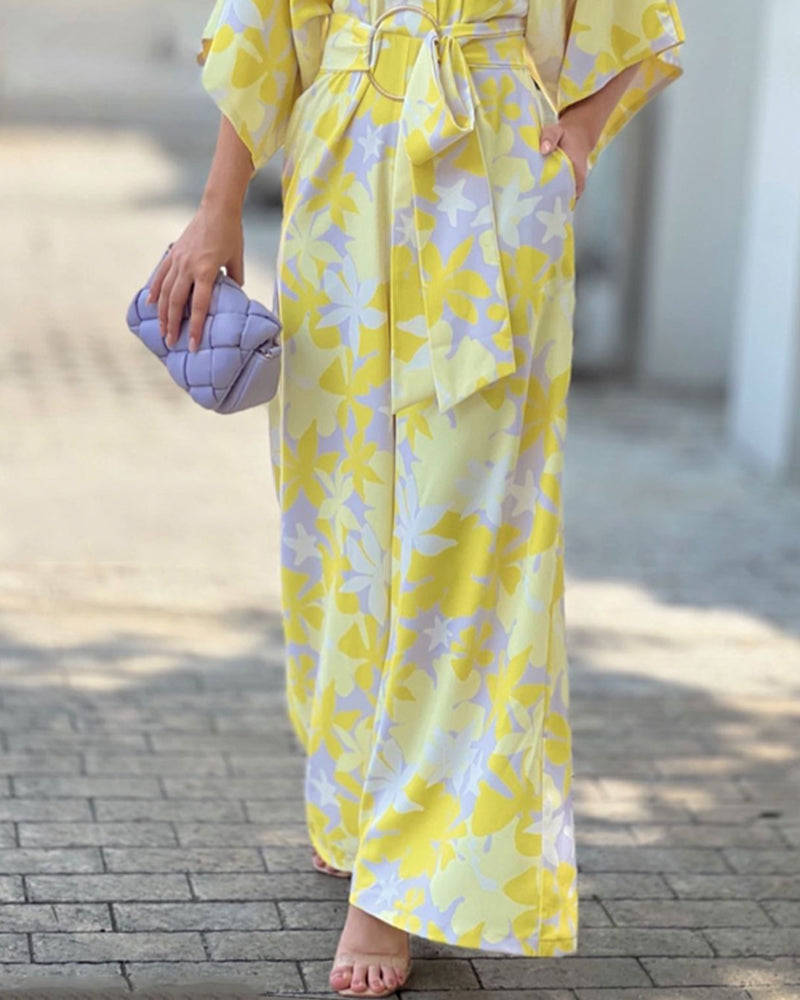 Casual V-Neck Loose Floral Print Jumpsuit