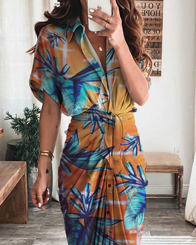 Long-sleeved V-neck button-print dress maxi dress