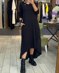 Casual Loose V-Neck Long Sleeve Solid Color Dress