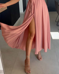 Solid Color V-neck Tie Slit Casual Dress