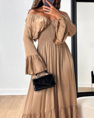 V-neck Trumpet Sleeve Solid Color Dress