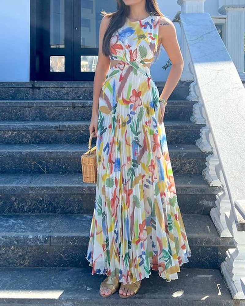 Casual Sleeveless Printed Pleated Dress