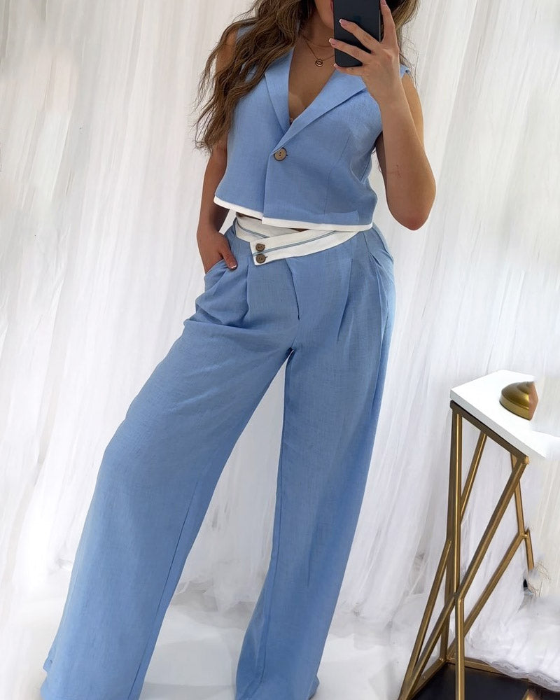 Solid Color Vest & High-waisted Wide-leg Pants Two-piece Set