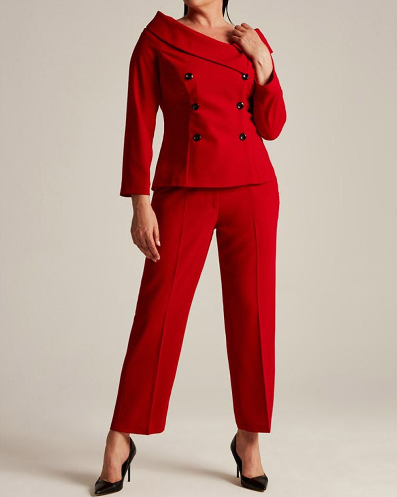 Solid Color One-shoulder Blazer & Casual Pants Two-piece Set