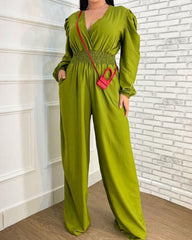 V-Neck Long Sleeve Nipped Waist Solid Color Jumpsuit