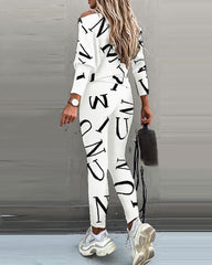 Casual Letter Print Long Sleeve Top & Pants Two-Piece Set