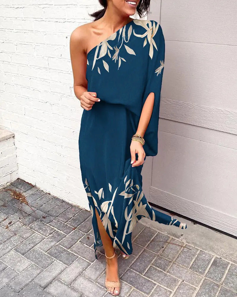 sloping shoulder one-sleeve dress