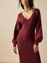 Solid Color Knitted V-neck Sweater Dress