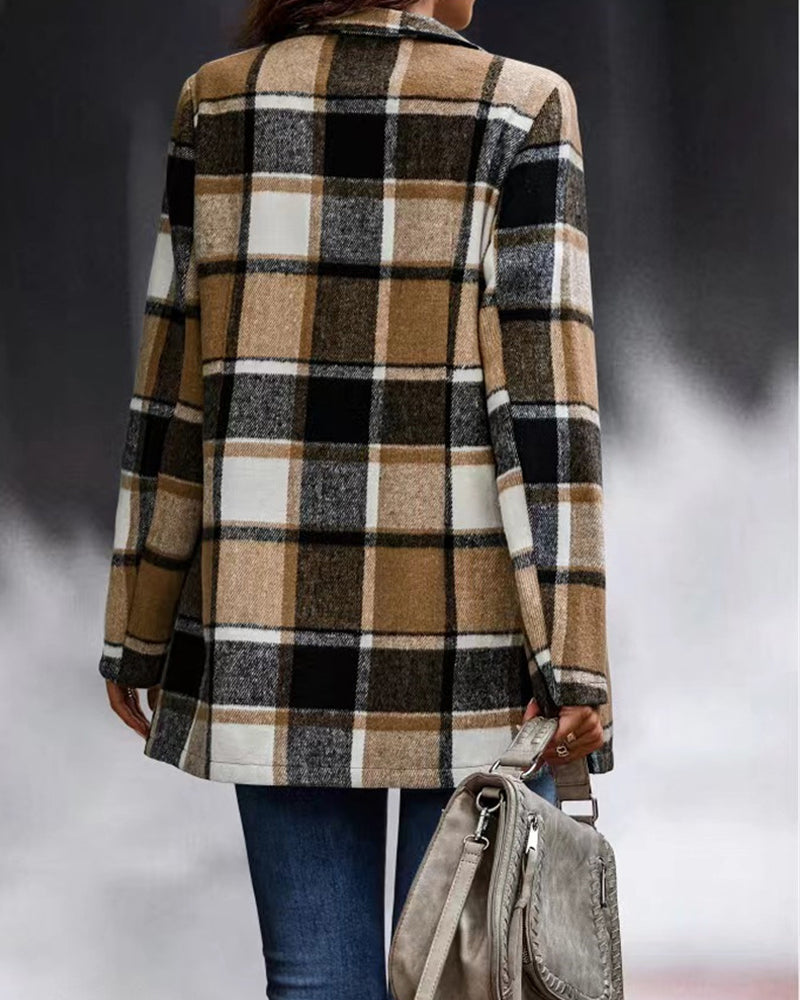 Loose Check Long Sleeve Pocket Wool Jacket