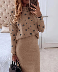 High collar star print casual bag hip two-piece set