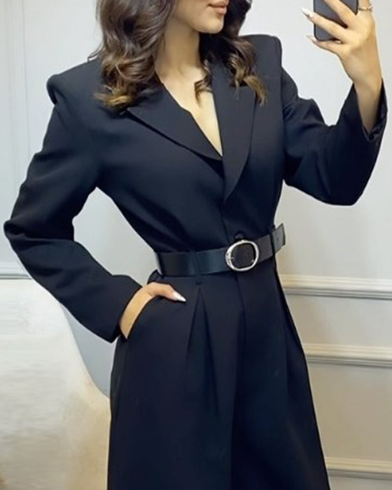 Lapel V-neck solid color waist jumpsuit (belt included)