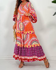 Vintage Print V-Neck Long Sleeve Dress