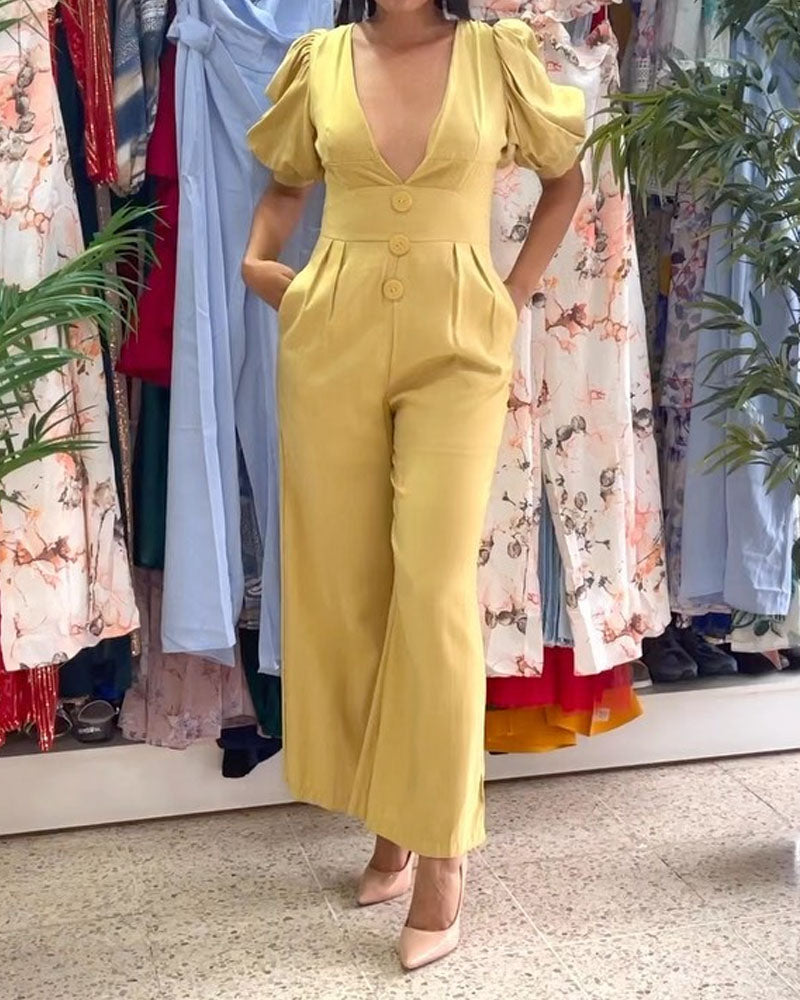 V Neck Puff Short Sleeved Wide Leg Jumpsuit